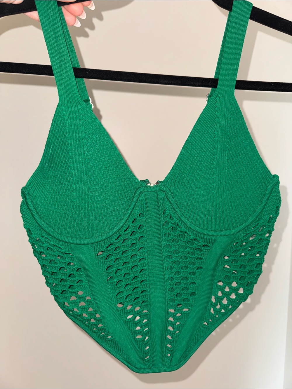 Maniere De Voir Green Knit Lace Bodysuit Corset Tank